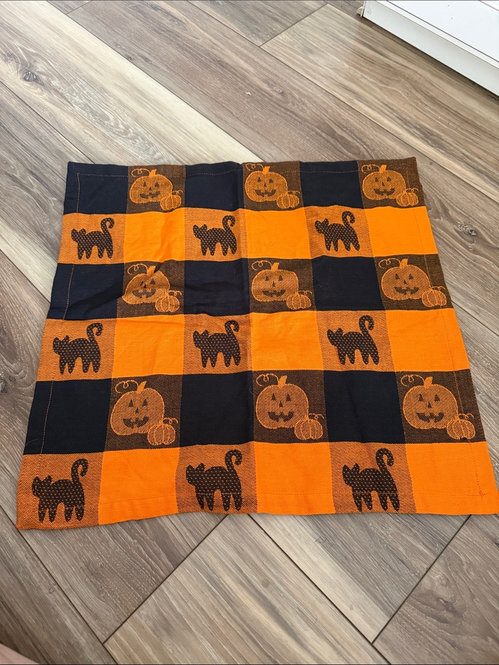 Halloween Pumpkin & Black Cat Checkered Throw Panel